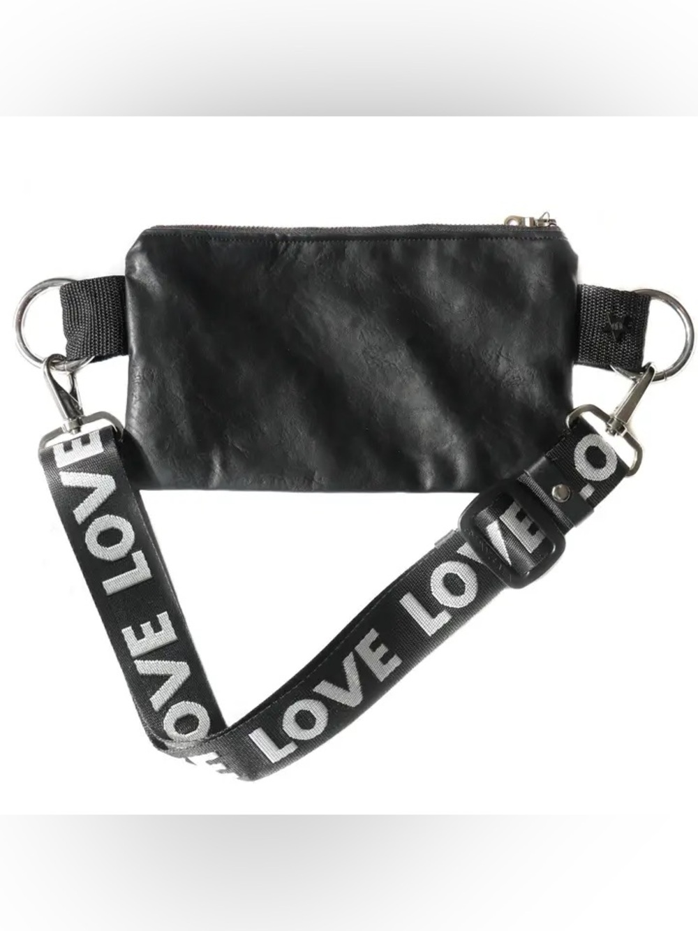 Black Leather Crossbody Pouch with 'LOVE' Strap